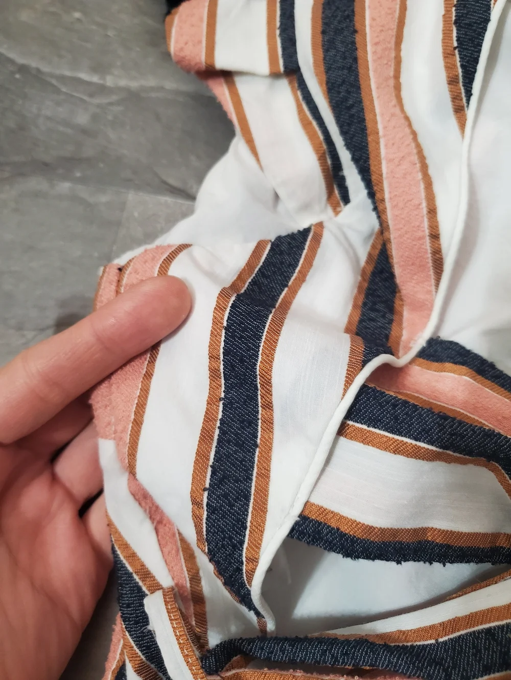 Adelyn Rae Striped Ruffle Open-Back Tie-Front Crop Top in Pink, Navy & White. S. - Picture 6 of 9